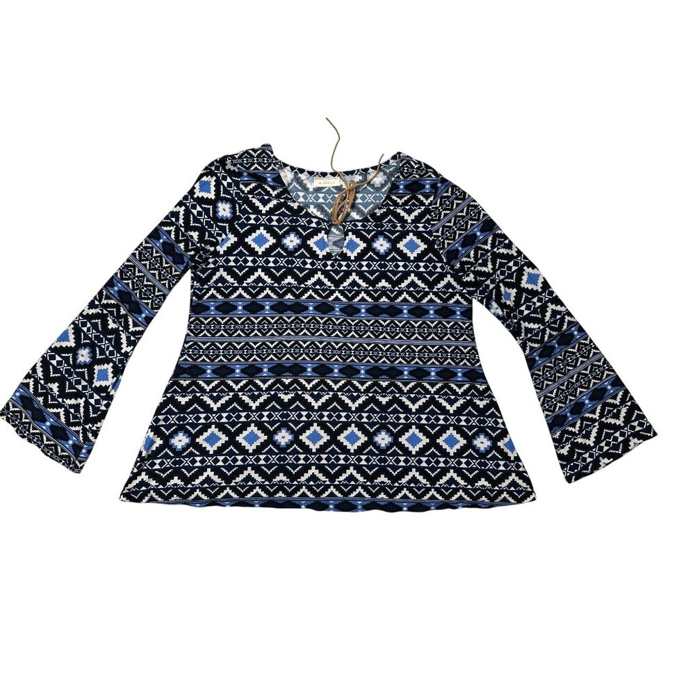 Bobbie Brooks Women’s XL Blue/White Aztec Print Bell Sleeve Tunic Top